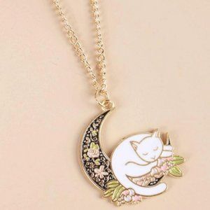 Gold Colored Necklace With Cat Sleeping on the Moon